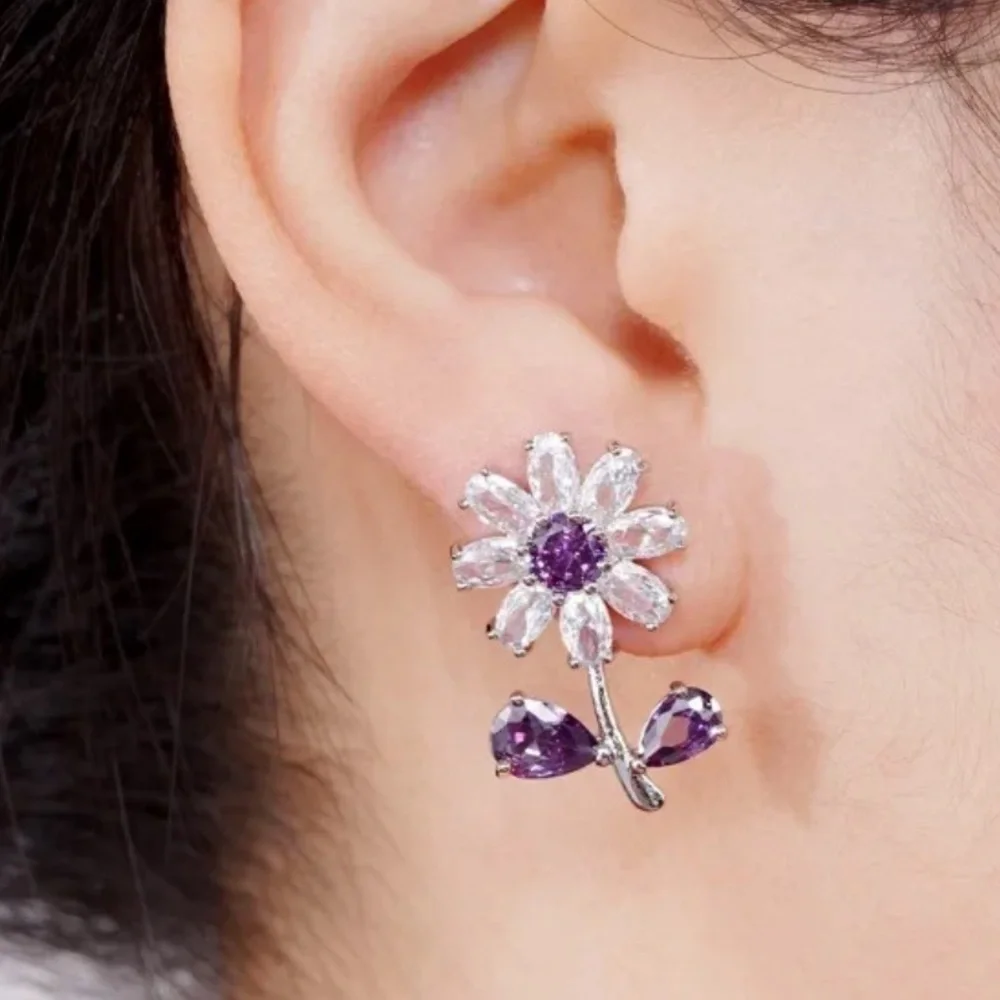 18K White Gold Purple Gemstone Flower Stud Earrings With Natural Zircon Bohemian